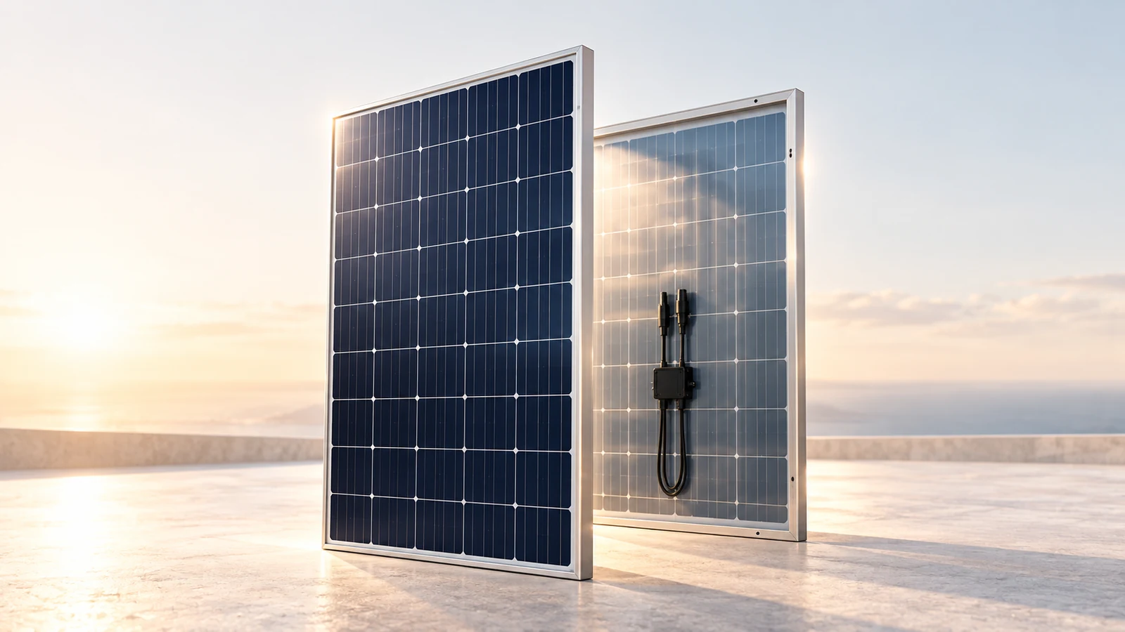 Illustration showing the front and rear sides of two bifacial solar panels