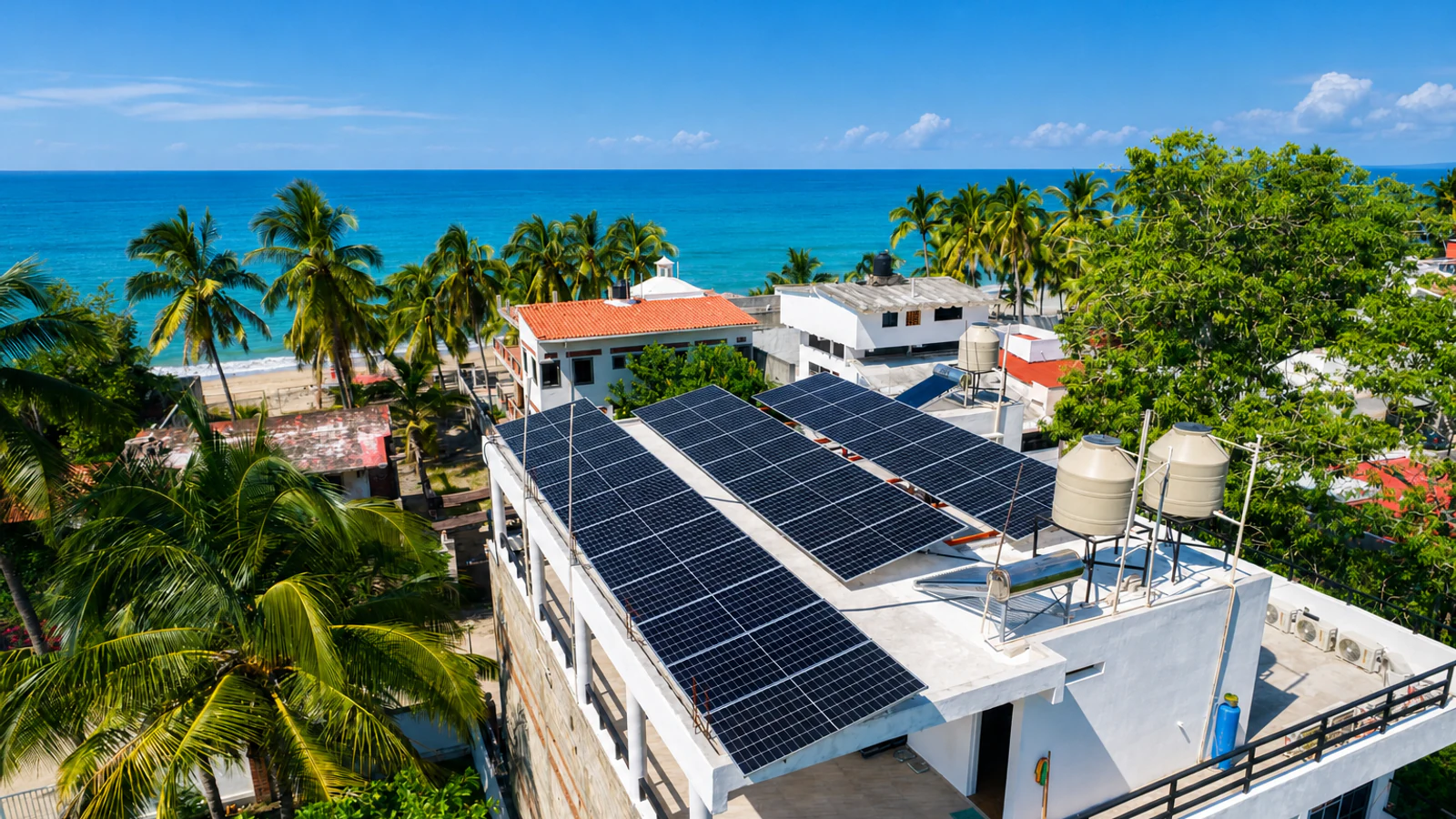 Solar panels installed on a rooftop near the ocean